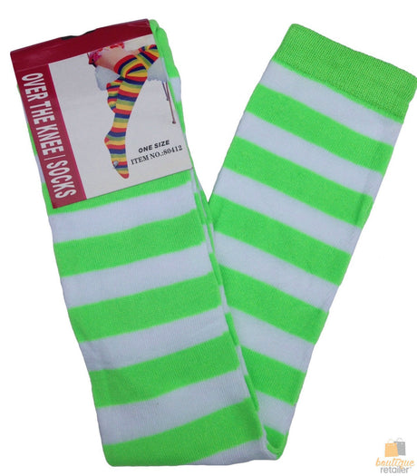 10x Womens Green/White Striped Over the Knee Socks Bulk Pack - Thigh High Stockings