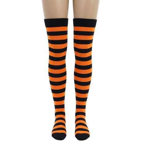 10x Womens Orange/Black Striped Over the Knee Socks Bulk Pack - Thigh High Stockings