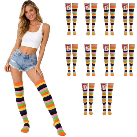 10x Womens Pink Rainbow Striped Over the Knee Socks Bulk Pack - LGBTQ+ Pride Thigh High Stockings