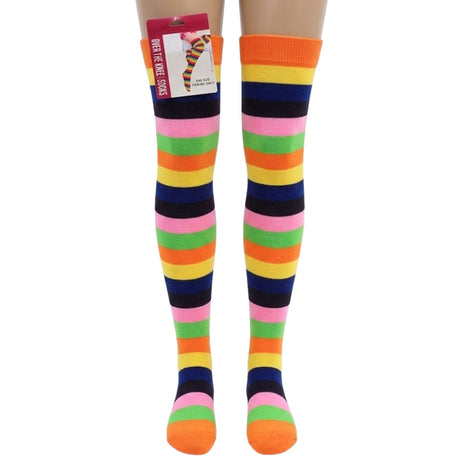 10x Womens Pink Rainbow Striped Over the Knee Socks Bulk Pack - LGBTQ+ Pride Thigh High Stockings