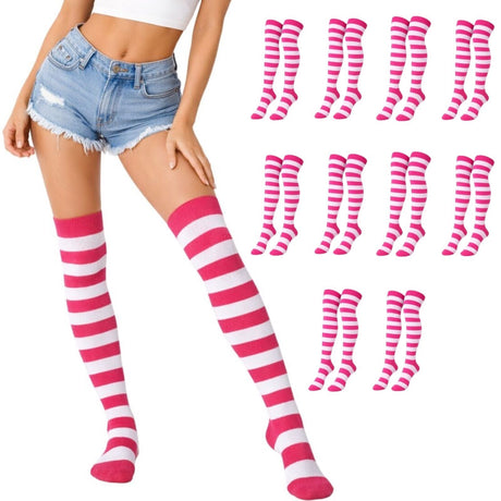 10x Womens Pink/White Striped Over the Knee Socks Bulk Pack - Thigh High Stockings
