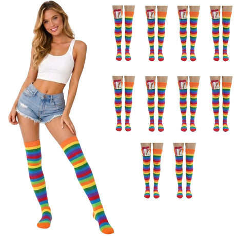 10x Womens Rainbow Striped Over the Knee Socks Bulk Pack - LGBTQ+ Pride Thigh High Stockings