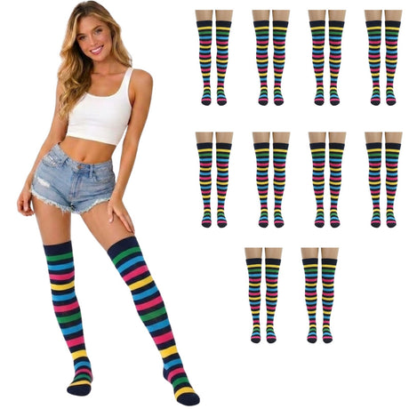 10x Womens Rainbow/Black Striped Over the Knee Socks Bulk Pack - Thigh High Stockings