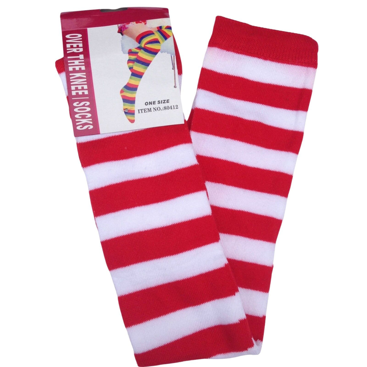 10x Womens Red/White Striped Over the Knee Socks Bulk Pack - Thigh High Stockings