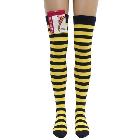 10x Womens Yellow/Black Striped Over the Knee Socks Bulk Pack - Thigh High Stockings