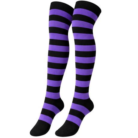 Womens Black/Purple Striped Over the Knee Socks - Thigh High Stockings