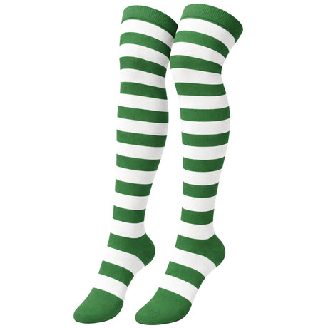 Womens Dark Green/White Striped Over the Knee Socks - Thigh High Stockings