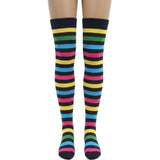 Womens Rainbow/Black Striped Over the Knee Socks - Thigh High Stockings