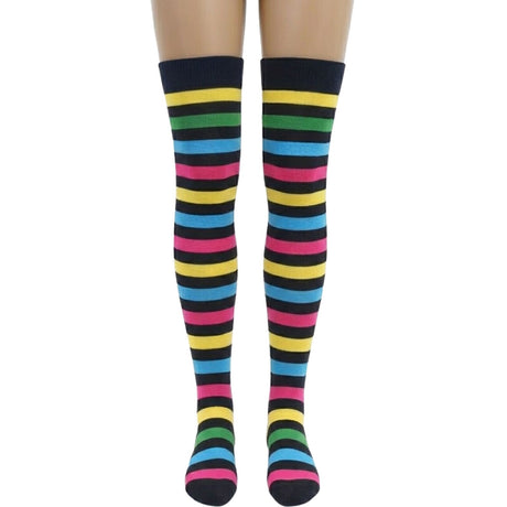 Womens Rainbow/Black Striped Over the Knee Socks - Thigh High Stockings