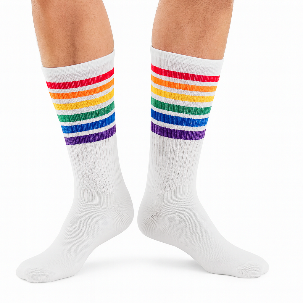 1 Pair White Unisex Socks with Rainbow Stripes for Retro Colourful Costume Party
