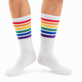 1 Pair White Unisex Socks with Rainbow Stripes for Retro Colourful Costume Party