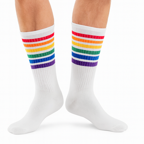 1 Pair White Unisex Socks with Rainbow Stripes for Retro Colourful Costume Party