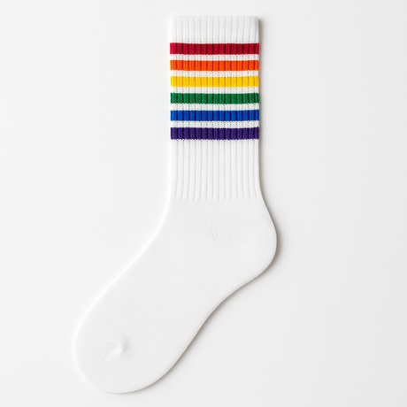 1 Pair White Unisex Socks with Rainbow Stripes for Retro Colourful Costume Party