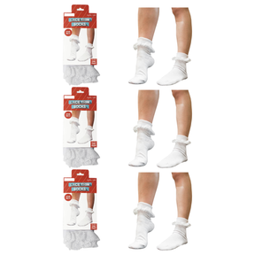 3x Womens Lace Trim Ruffle Ankle Socks Pack - White (Frilly Trim Party Sox)