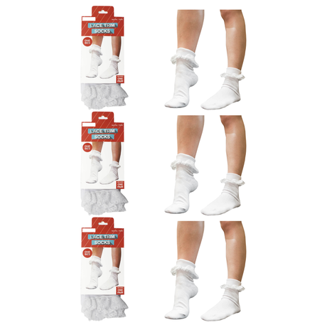 3x Womens Lace Trim Ruffle Ankle Socks Pack - White (Frilly Trim Party Sox)