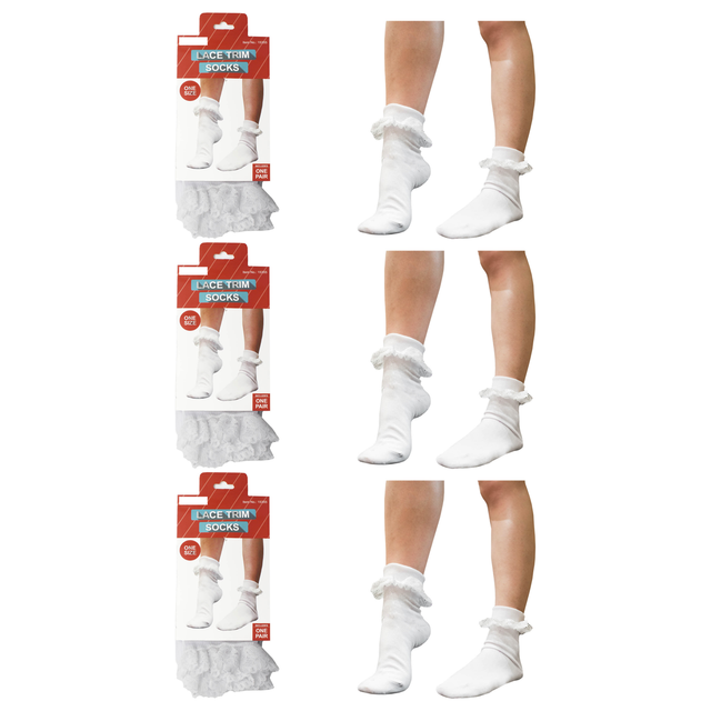 3x Womens Lace Trim Ruffle Ankle Socks Pack - White (Frilly Trim Party Sox)