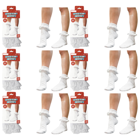 6x Womens Lace Trim Ruffle Ankle Socks Bulk Pack - White (Frilly Trim Party Sox)
