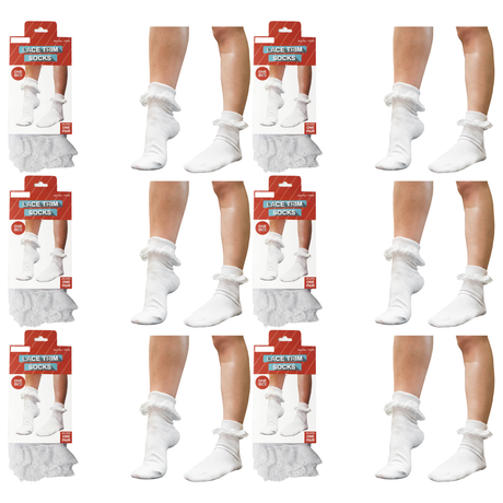6x Womens Lace Trim Ruffle Ankle Socks Bulk Pack - White (Frilly Trim Party Sox)