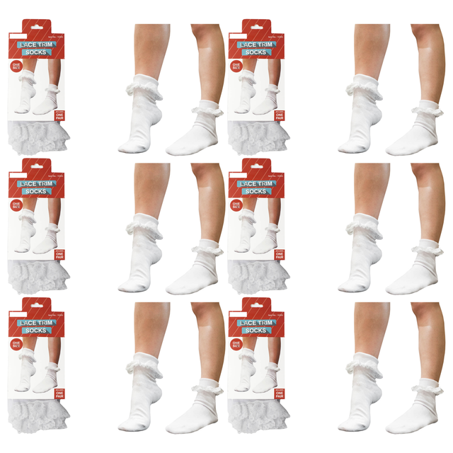 6x Womens Lace Trim Ruffle Ankle Socks Bulk Pack - White (Frilly Trim Party Sox)