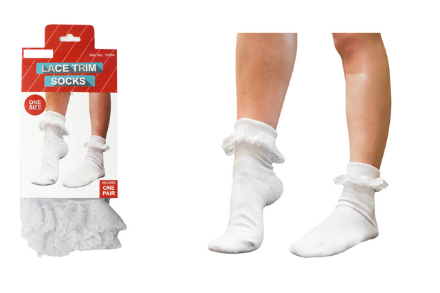 Womens Lace Trim Ruffle Ankle Socks - White (Frilly Trim Party Sox)