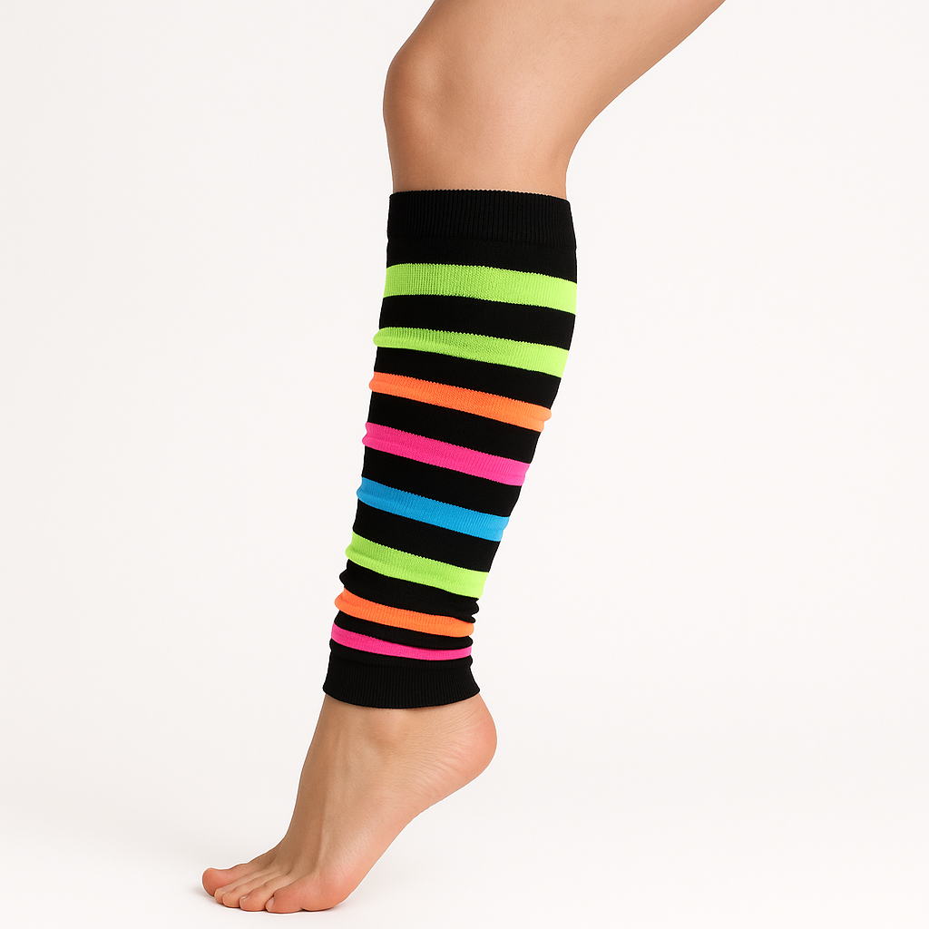 1 Pair Rainbow/Black Stripe Leg Warmers - Womens Dance Costume/80s Party