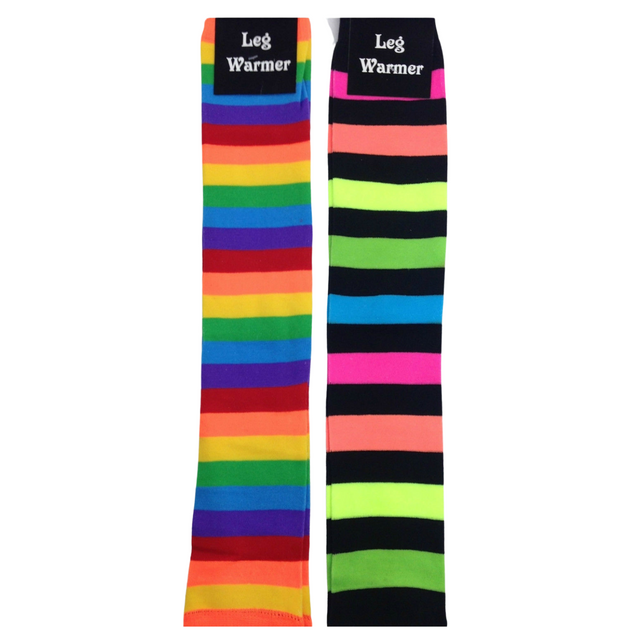 RAINBOW LEG WARMERS Party Costume Fine Stretch Ladies Girls Fancy Dress - Rainbow with Black Stripe