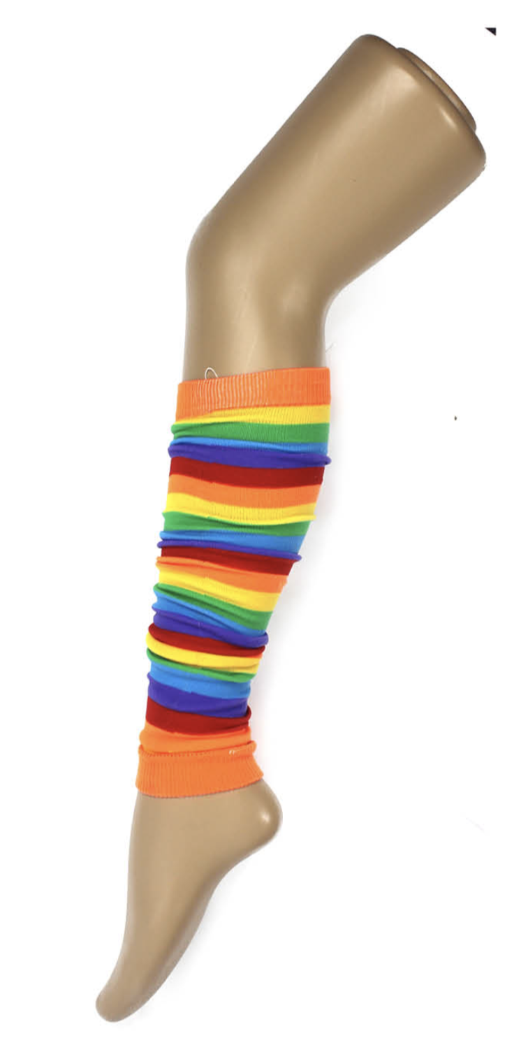 RAINBOW LEG WARMERS Party Costume Fine Stretch Ladies Girls Fancy Dress - Rainbow with Black Stripe