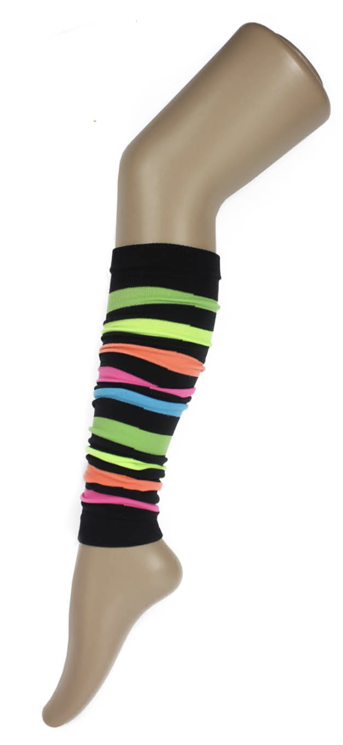 RAINBOW LEG WARMERS Party Costume Fine Stretch Ladies Girls Fancy Dress - Rainbow with Black Stripe