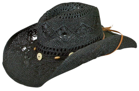 Jacaru 1566 Womens Summer Cowboy Hat - Chin Strap & One Size Fits Most (Vegan Friendly) - Black