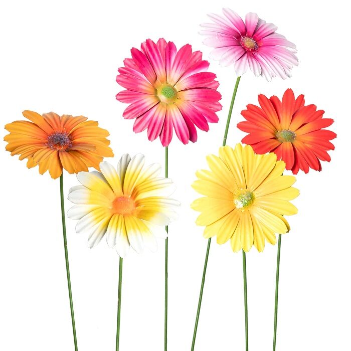 4x Gerbera Flower Garden Stake Set - Hand-Painted Metal Sculptures - (4 Flower)