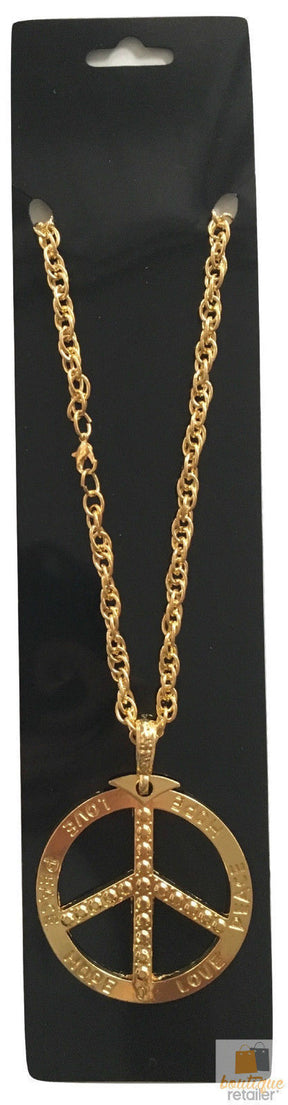 Peace Sign Metal Pendant Necklace - Hippie 60s/70s Chain (Costume Accessory) - Gold