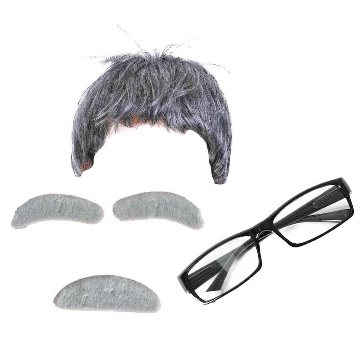 4pcs Childrens Grandpa Old Man Costume Set - Grey Wig, Glasses, Brows & Moustache (Halloween Party & Fancy Dress)