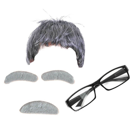 4pcs Childrens Grandpa Old Man Costume Set - Grey Wig, Glasses, Brows & Moustache (Halloween Party & Fancy Dress)