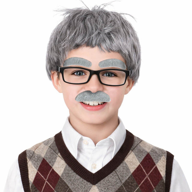 4pcs Childrens Grandpa Old Man Costume Set - Grey Wig, Glasses, Brows & Moustache (Halloween Party & Fancy Dress)