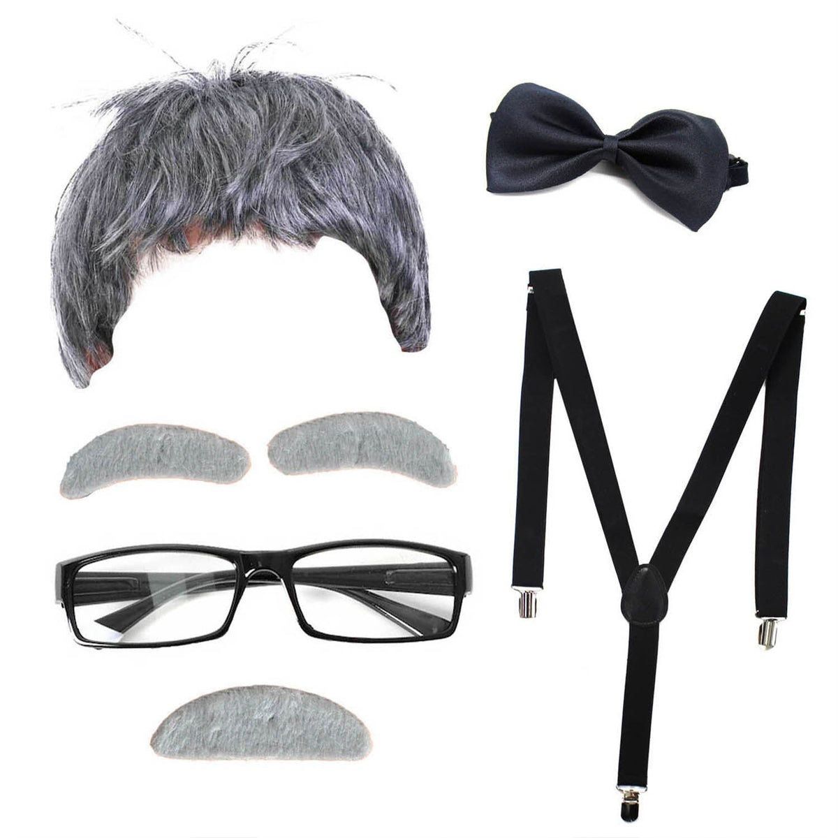5pcs Childrens Grandpa Old Man Costume Set - Grey Wig, Brows, Glasses, Bow Tie & Suspenders (Fancy Dress)