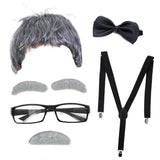 5pcs Childrens Grandpa Old Man Costume Set - Grey Wig, Brows, Glasses, Bow Tie & Suspenders (Fancy Dress)