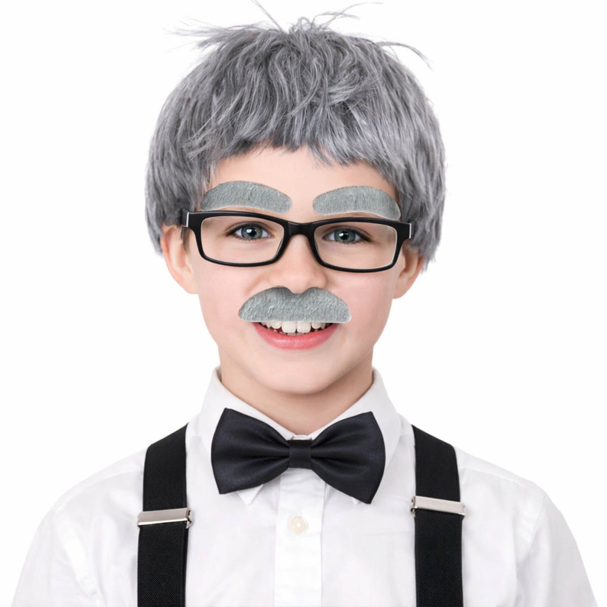 5pcs Childrens Grandpa Old Man Costume Set - Grey Wig, Brows, Glasses, Bow Tie & Suspenders (Fancy Dress)