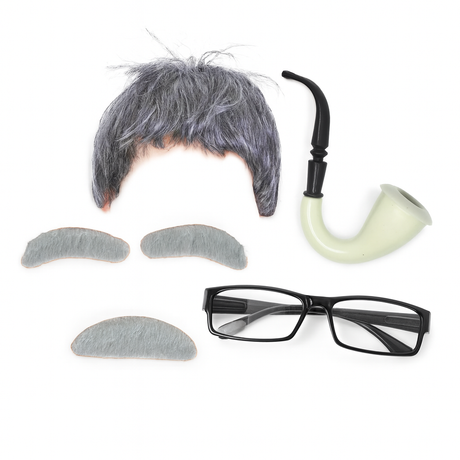 5pc Set Grandpa Halloween Costume Grandfather Wig Glasses Pipe Old Man Dress Up 