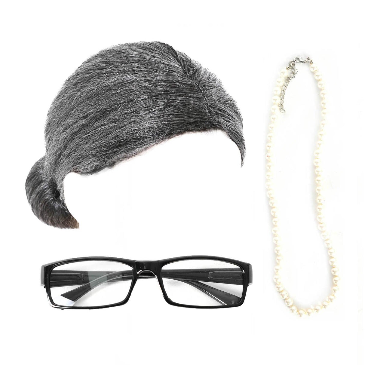Grandma Instant Disguise Accessory Kit Halloween Party Grey Wig Necklace Glasses