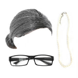 Grandma Instant Disguise Accessory Kit Halloween Party Grey Wig Necklace Glasses