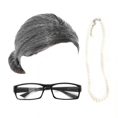 Grandma Instant Disguise Accessory Kit Halloween Party Grey Wig Necklace Glasses