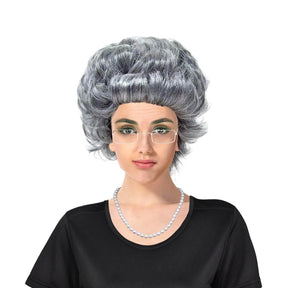Grandma Instant Disguise Grey Curly Wig Necklace Glasses Halloween Accessory Kit