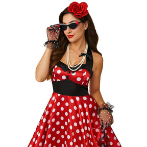 1950s Womens Costume Accessory Set - Necklace, Rose Clip, Lace Gloves & Glasses (Fancy Dress)