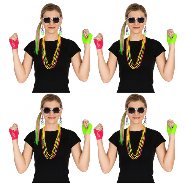 4x Adult 80s Fluro Fancy Dress Accessory Set Bulk Pack - 1980s Retro Instant (Group Costume for Halloween & Fancy Dress)