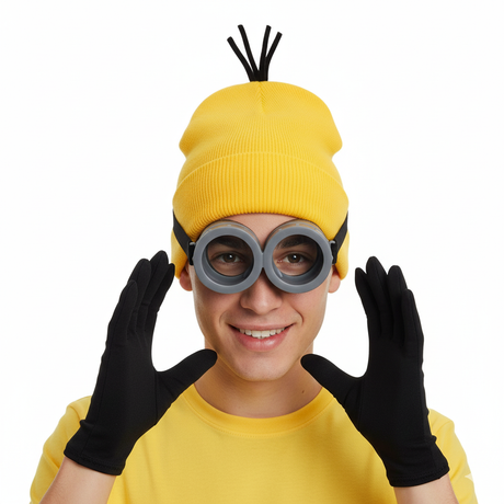 Yellow Alien Halloween Costume Adults Kids Minions Goggles Beanie Hat Gloves
