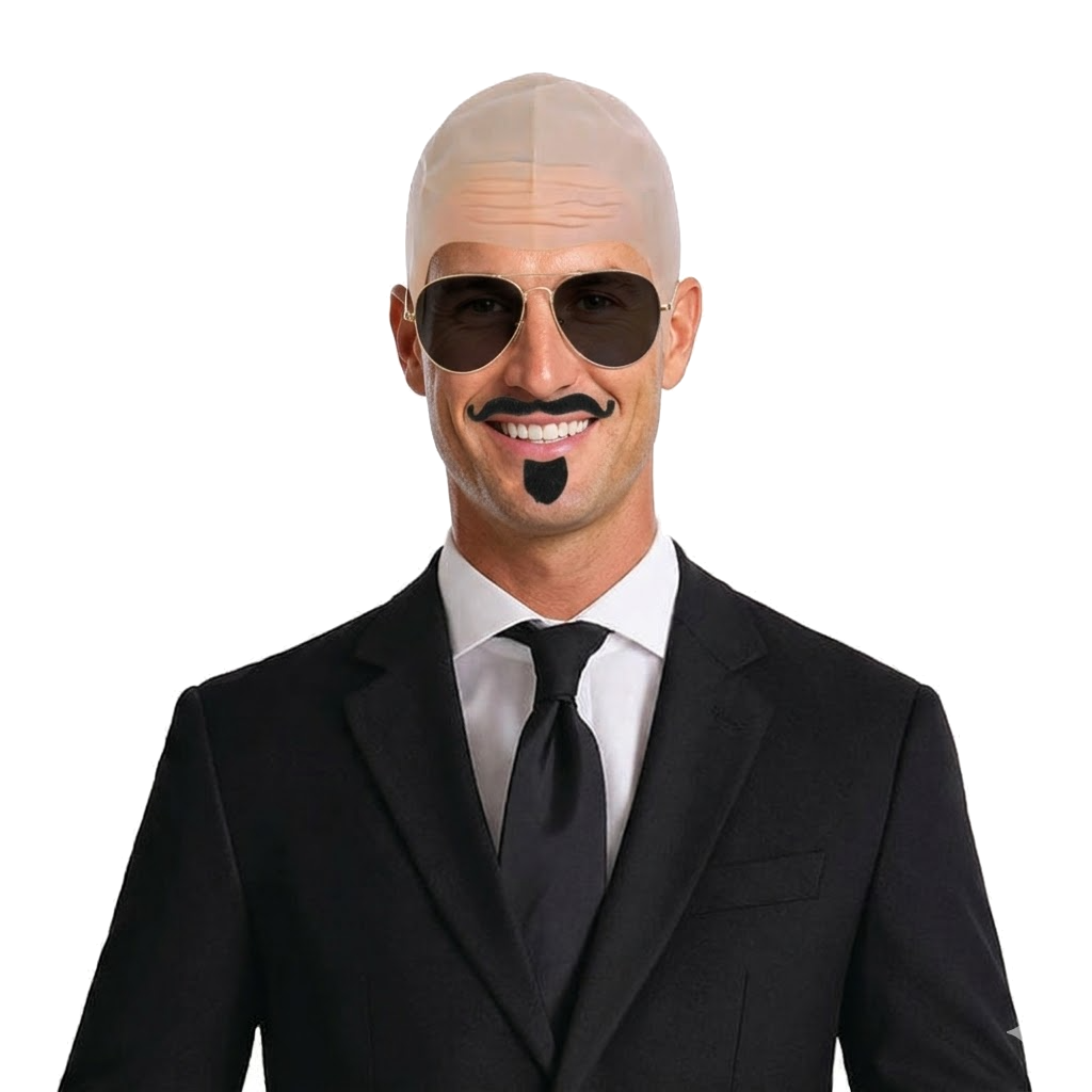 Bald Rapper Costume Accessory Set Bald Cap Aviator Glasses Goatee Moustache