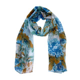 Jacaru 1694 Chiffon Scarf - Turquoise, Brown & Aqua Flowers (Lightweight Floral Scarf)