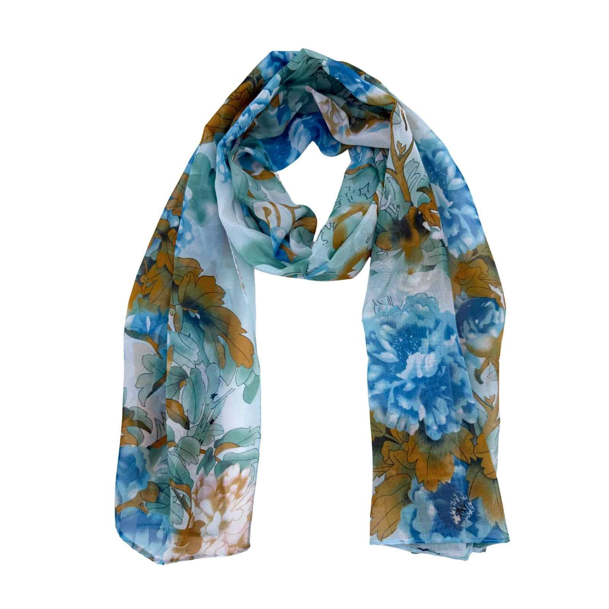 Jacaru 1694 Chiffon Scarf - Turquoise, Brown & Aqua Flowers (Lightweight Floral Scarf)