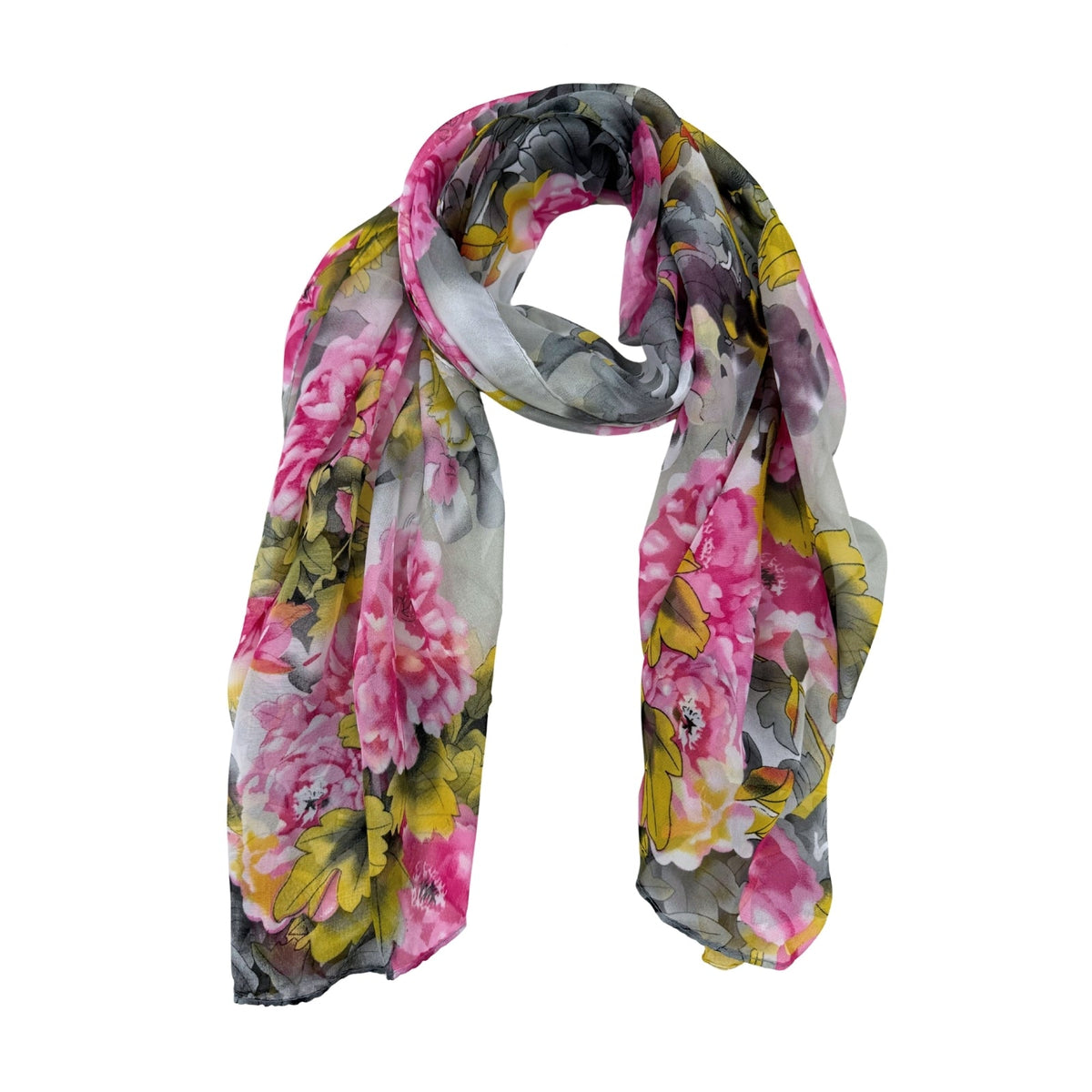 Jacaru 1695 Chiffon Scarf - Yellow, Pink & Grey Flowers (Lightweight Floral Scarf)