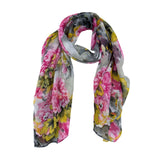 Jacaru 1695 Chiffon Scarf - Yellow, Pink & Grey Flowers (Lightweight Floral Scarf)